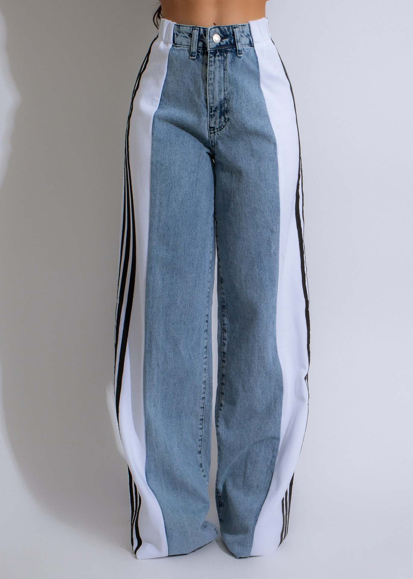 Modieuze Casual Hoge Taille Elastische Broek met Patchwork en Wijde Pijpen in Denim Streetwear Stijl - PrizQ