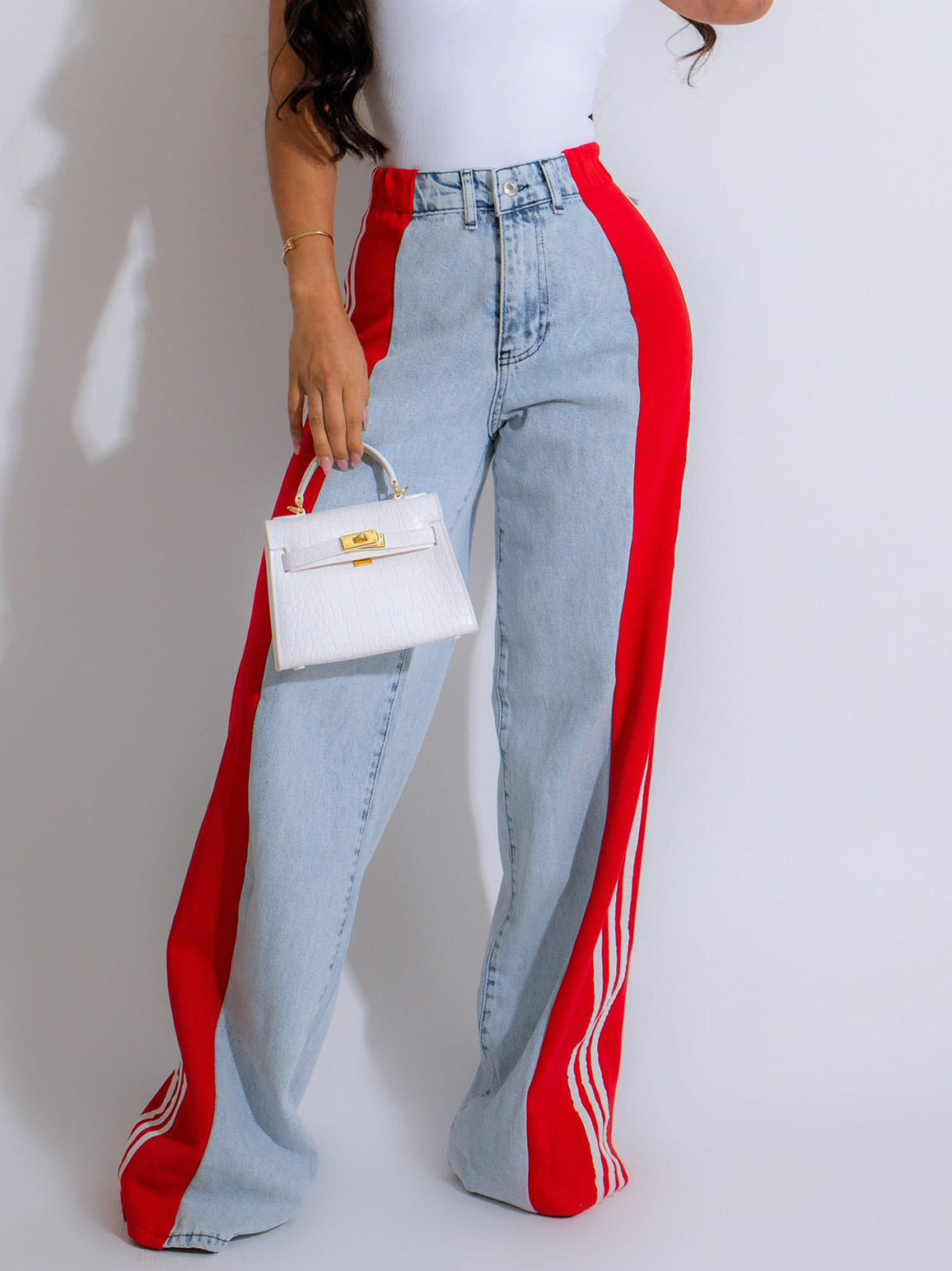 Modieuze Casual Hoge Taille Elastische Broek met Patchwork en Wijde Pijpen in Denim Streetwear Stijl - PrizQ