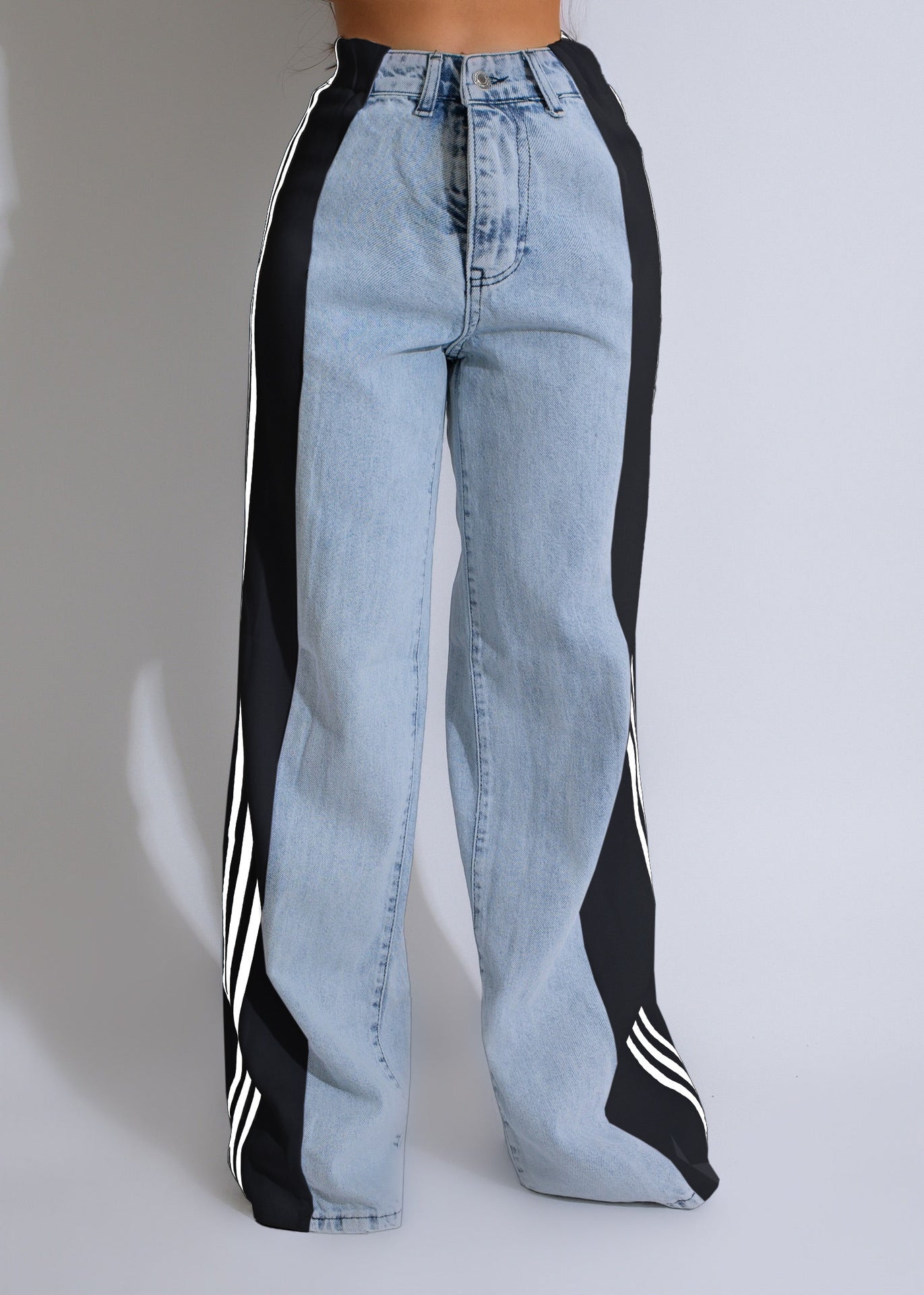 Modieuze Casual Hoge Taille Elastische Broek met Patchwork en Wijde Pijpen in Denim Streetwear Stijl - PrizQ