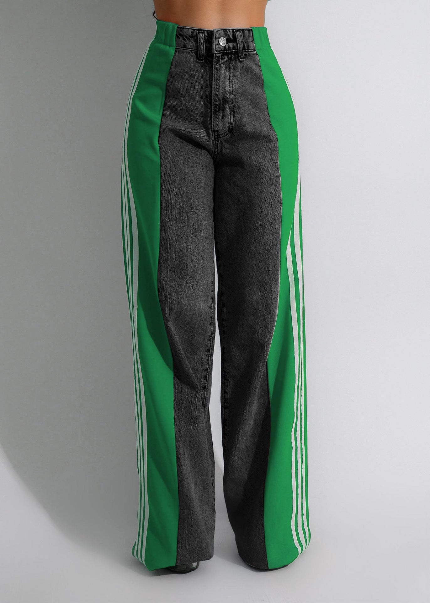 Modieuze Casual Hoge Taille Elastische Broek met Patchwork en Wijde Pijpen in Denim Streetwear Stijl - PrizQ