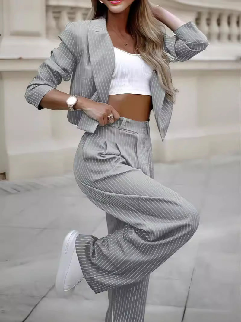 Modieus gestreept pak, casual cropped top met reverskraag - PrizQ