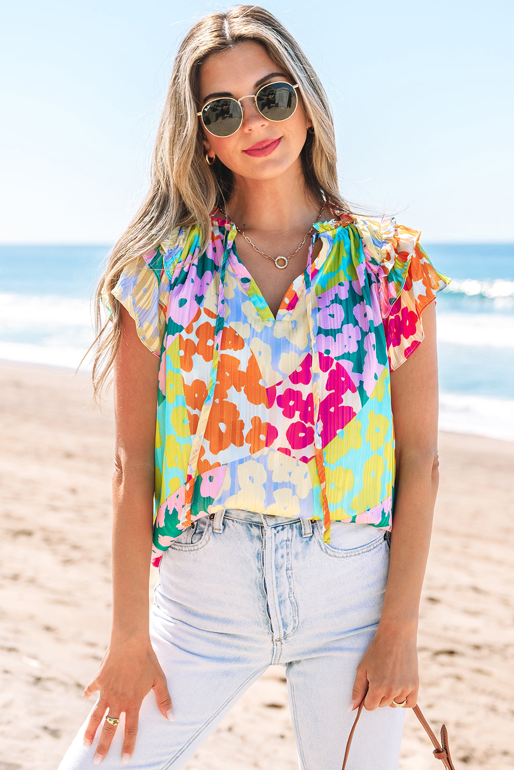 Multicolor Luipaard V-hals Kreukelblouse - PrizQ