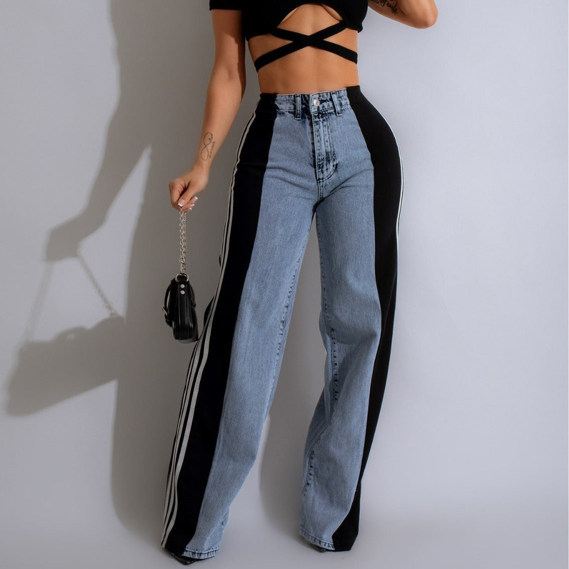 Modieuze Casual Hoge Taille Elastische Broek met Patchwork en Wijde Pijpen in Denim Streetwear Stijl - PrizQ