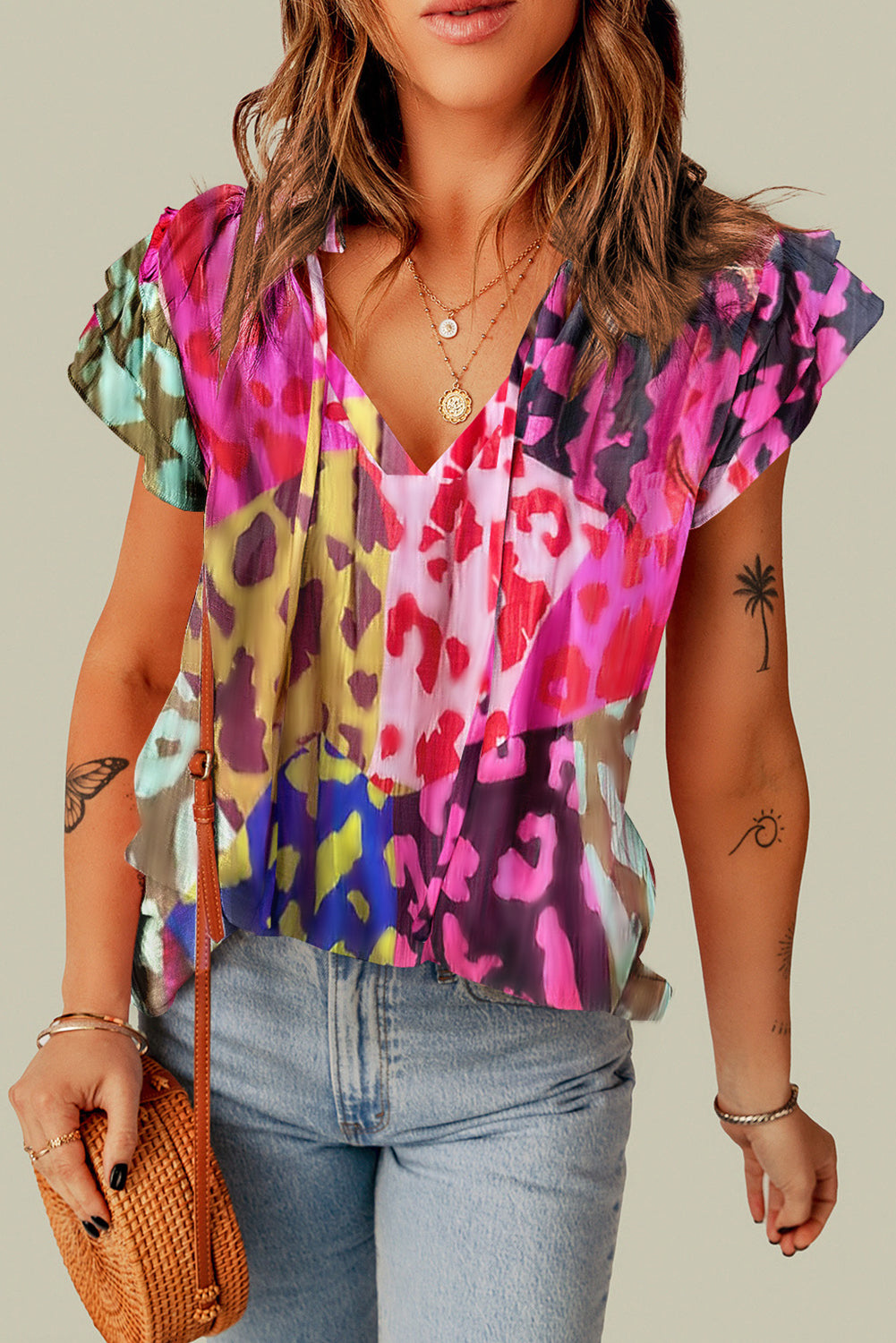 Multicolor Luipaard V-hals Kreukelblouse - PrizQ