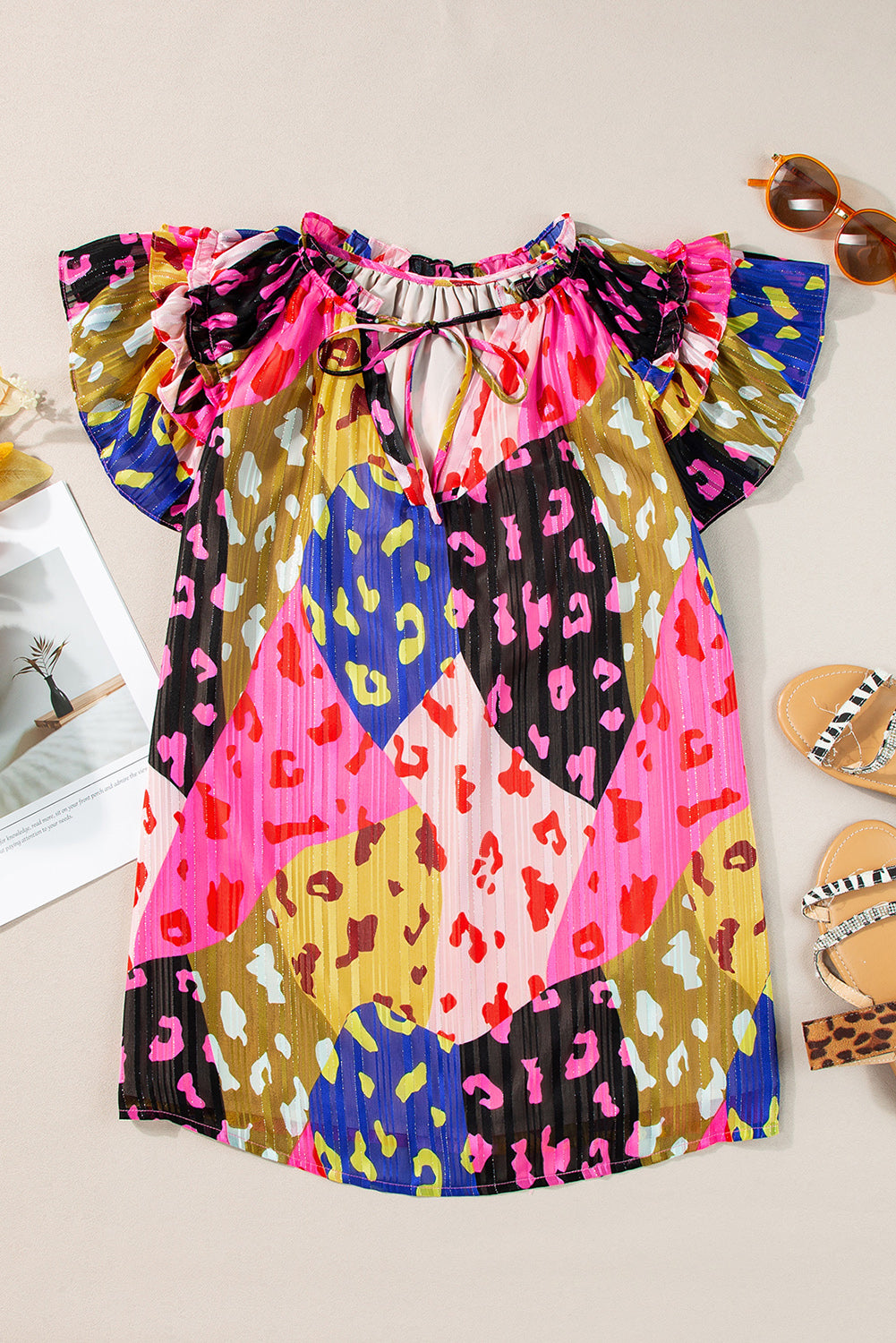Multicolor Luipaard V-hals Kreukelblouse - PrizQ