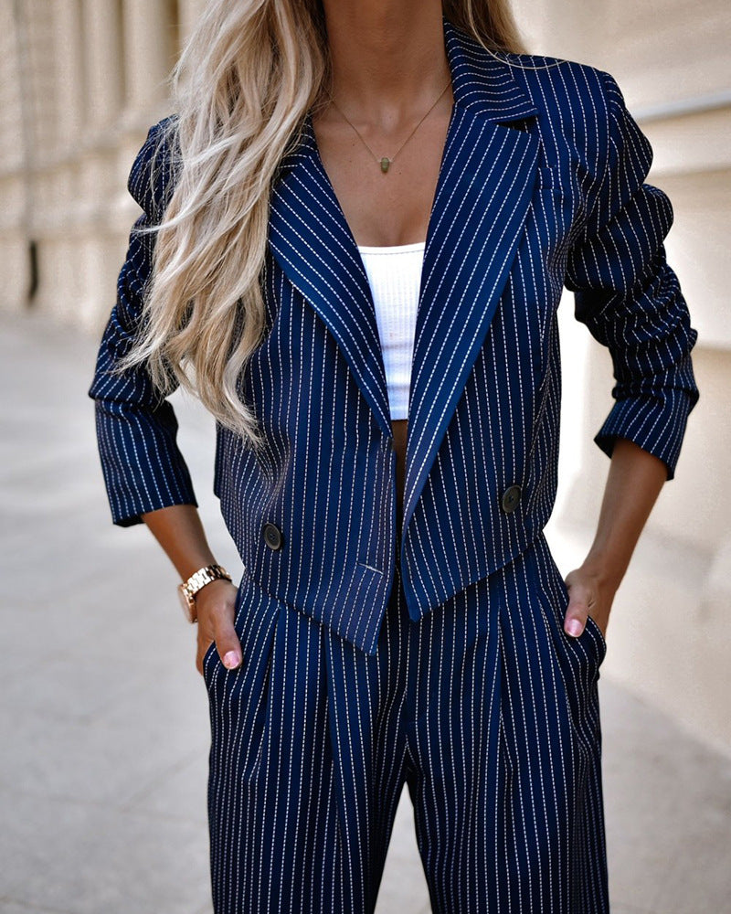 Modieus gestreept pak, casual cropped top met reverskraag - PrizQ