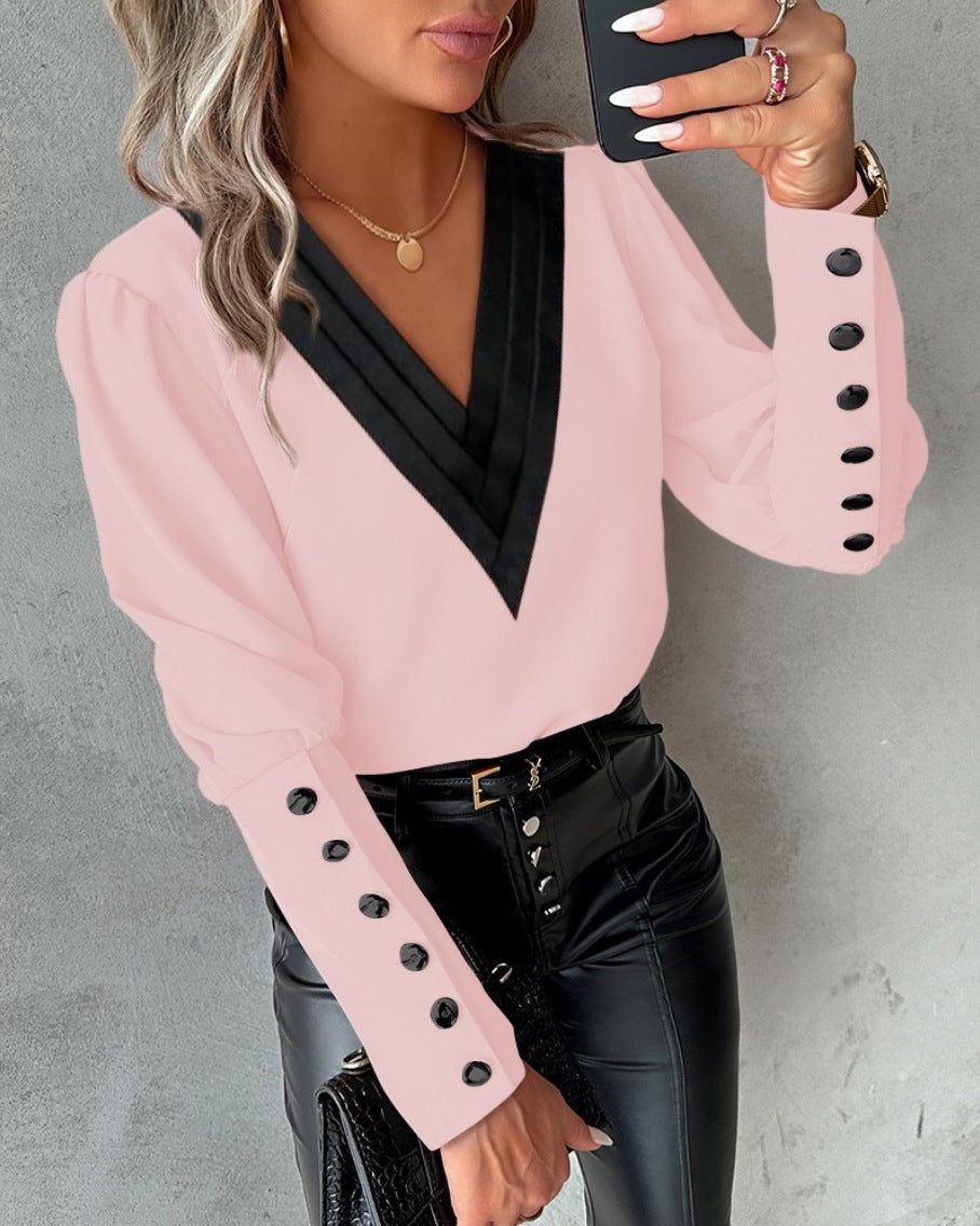 Modieuze V-hals blouse met lange mouwen en knoopdetails - PrizQ