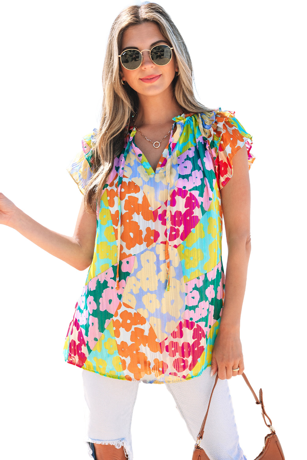 Multicolor Luipaard V-hals Kreukelblouse - PrizQ