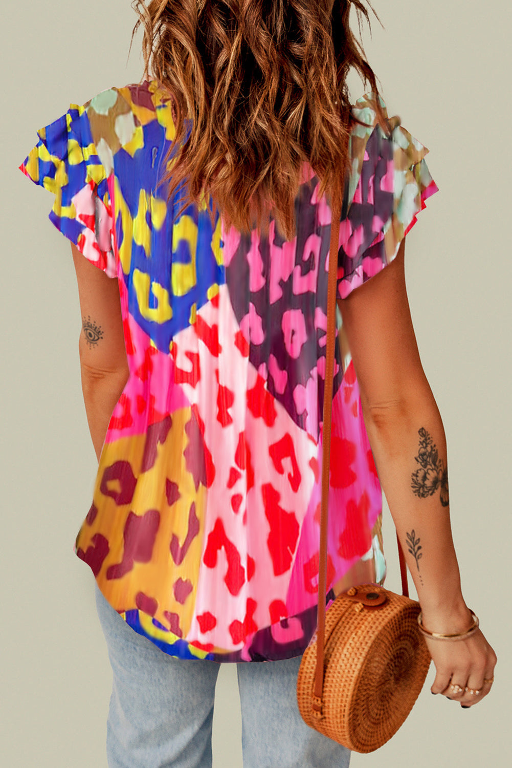 Multicolor Luipaard V-hals Kreukelblouse - PrizQ