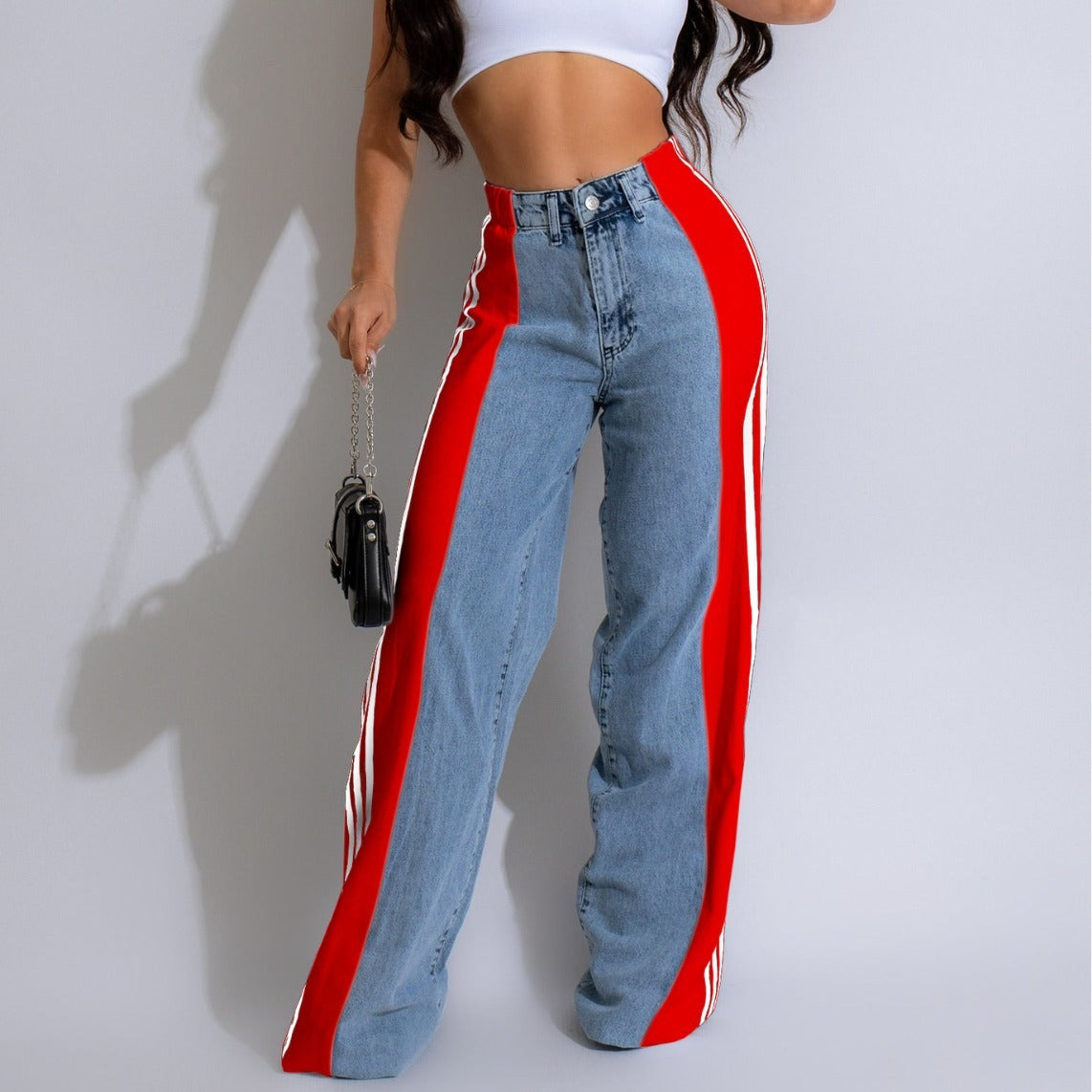 Modieuze Casual Hoge Taille Elastische Broek met Patchwork en Wijde Pijpen in Denim Streetwear Stijl - PrizQ