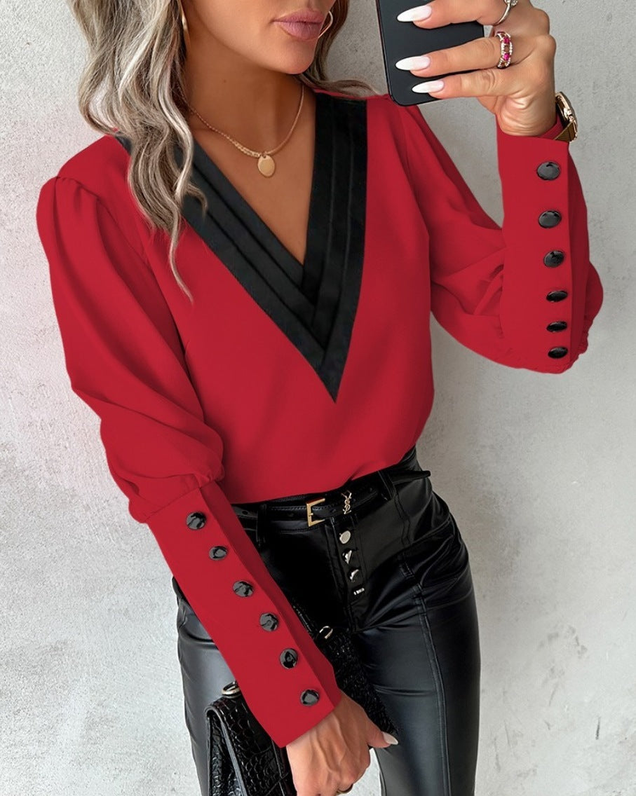 Modieuze V-hals blouse met lange mouwen en knoopdetails - PrizQ