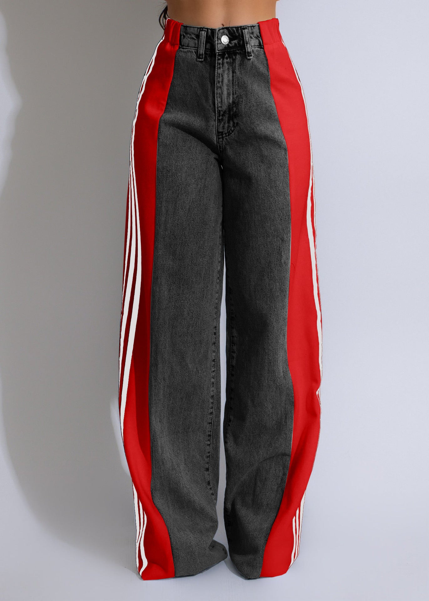 Modieuze Casual Hoge Taille Elastische Broek met Patchwork en Wijde Pijpen in Denim Streetwear Stijl - PrizQ