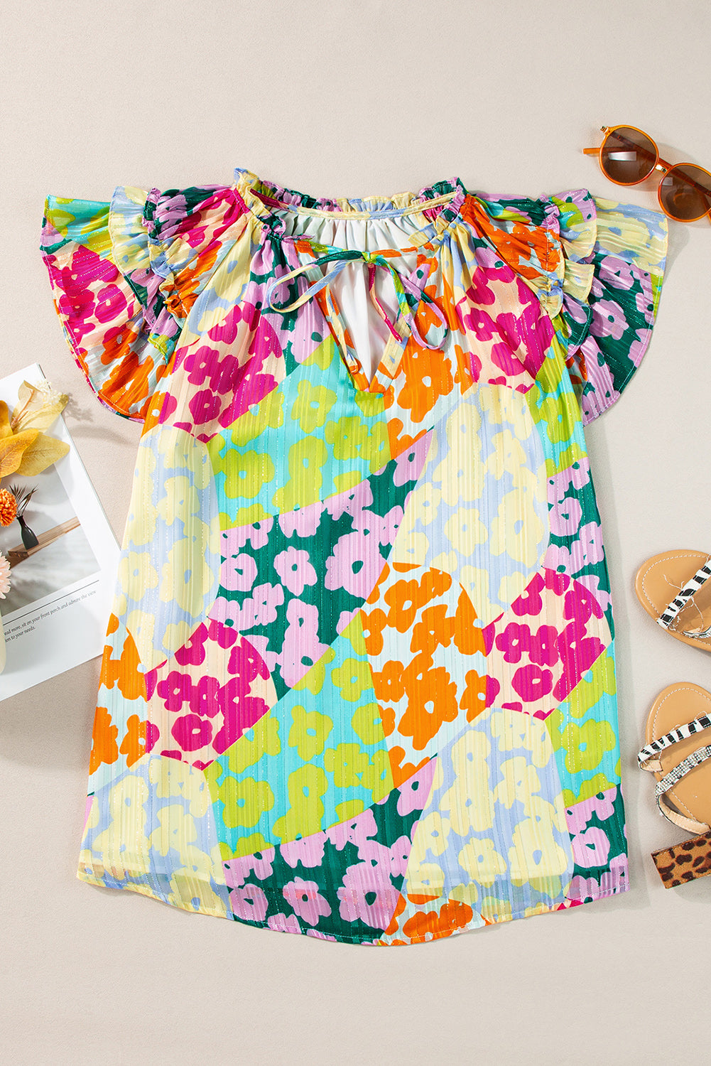 Multicolor Luipaard V-hals Kreukelblouse - PrizQ