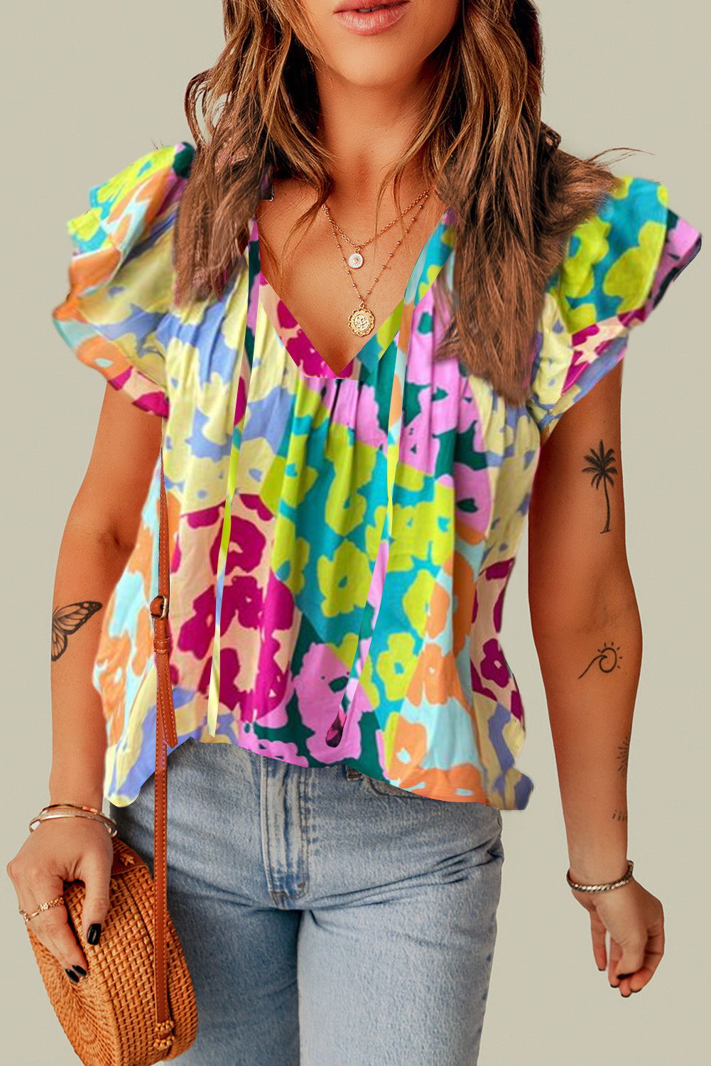 Multicolor Luipaard V-hals Kreukelblouse - PrizQ