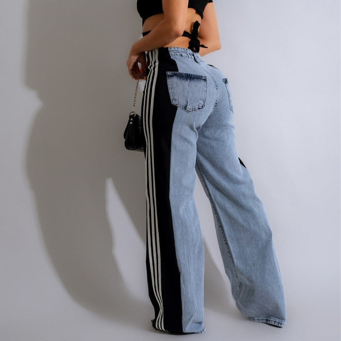 Modieuze Casual Hoge Taille Elastische Broek met Patchwork en Wijde Pijpen in Denim Streetwear Stijl - PrizQ