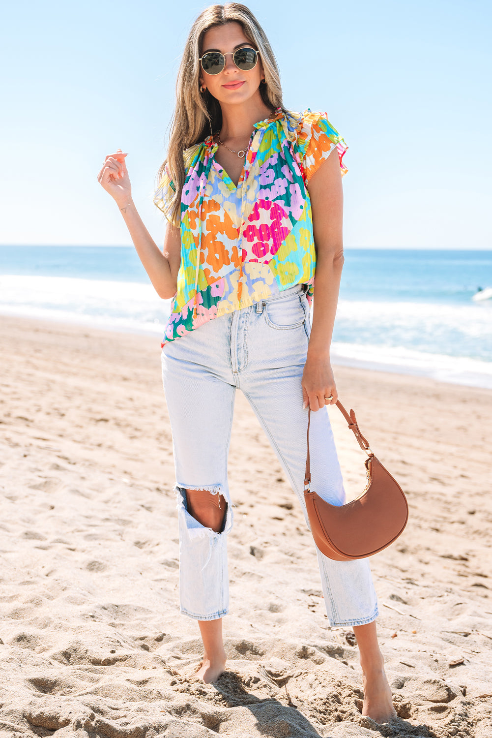 Multicolor Luipaard V-hals Kreukelblouse - PrizQ