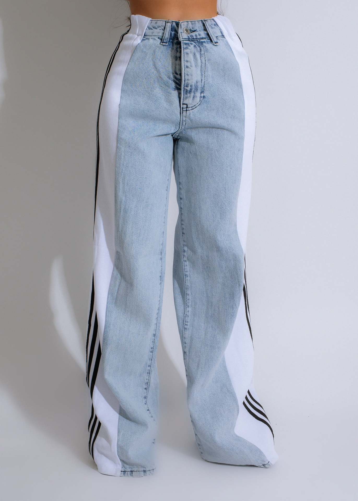 Modieuze Casual Hoge Taille Elastische Broek met Patchwork en Wijde Pijpen in Denim Streetwear Stijl - PrizQ