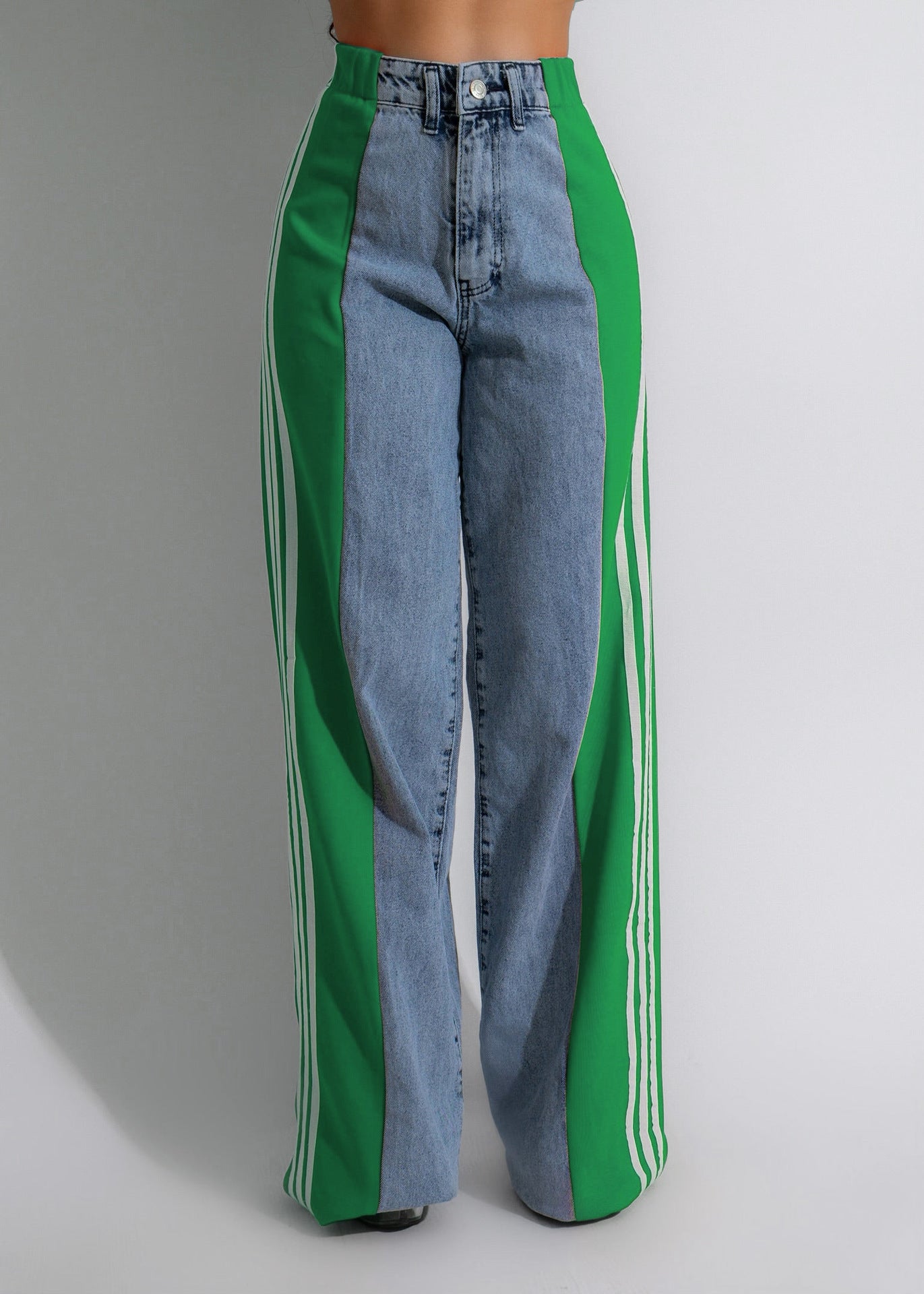 Modieuze Casual Hoge Taille Elastische Broek met Patchwork en Wijde Pijpen in Denim Streetwear Stijl - PrizQ
