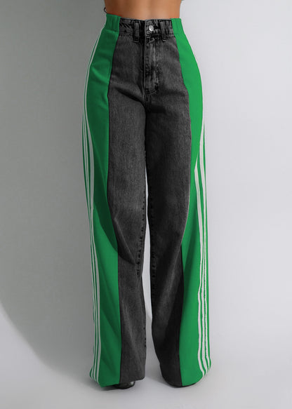 Modieuze Casual Hoge Taille Elastische Broek met Patchwork en Wijde Pijpen in Denim Streetwear Stijl - PrizQ