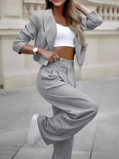 Modieus gestreept pak, casual cropped top met reverskraag - PrizQ