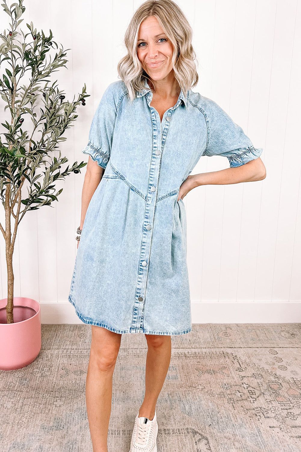 Beau Blue Mineral Wash Ruffled Short Sleeve Buttoned Denim Dress - PrizQ