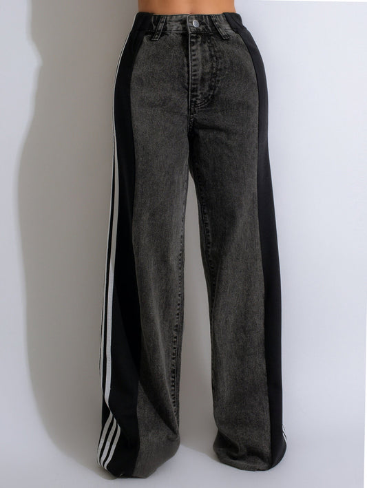 Modieuze Casual Hoge Taille Elastische Broek met Patchwork en Wijde Pijpen in Denim Streetwear Stijl - PrizQ