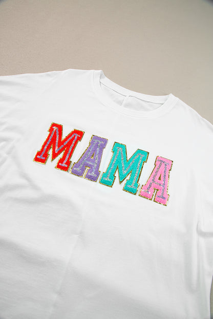 Witte MAMA T-shirt met chenille patches en ronde hals - PrizQ