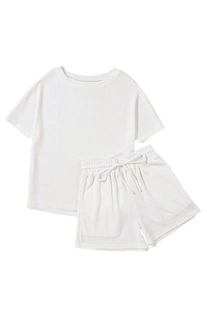 Witte casual textuur T-shirt en shorts set met trekkoord - PrizQ