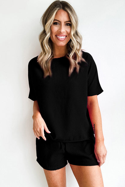 Witte casual textuur T-shirt en shorts set met trekkoord - PrizQ