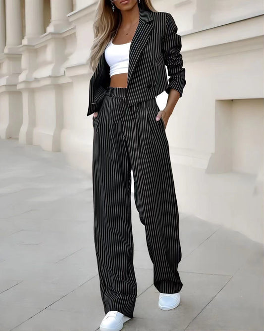 Modieus gestreept pak, casual cropped top met reverskraag - PrizQ