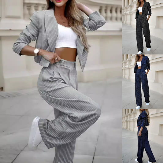 Modieus gestreept pak, casual cropped top met reverskraag - PrizQ