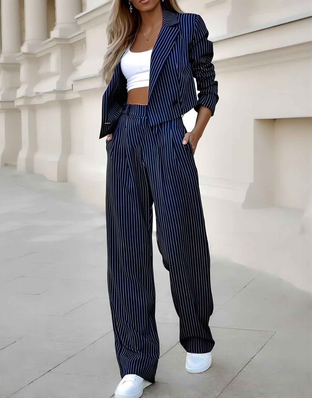 Modieus gestreept pak, casual cropped top met reverskraag - PrizQ