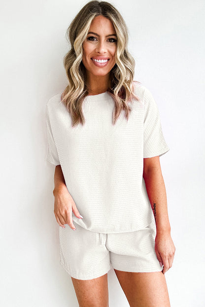 Witte casual textuur T-shirt en shorts set met trekkoord - PrizQ