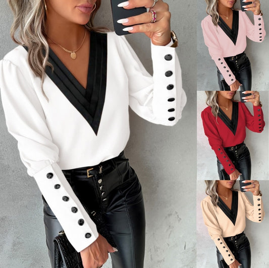 Modieuze V-hals blouse met lange mouwen en knoopdetails - PrizQ