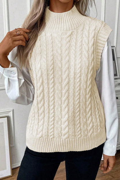 Oatmeal Cable Knit High Neck Sweater Vest - PrizQ