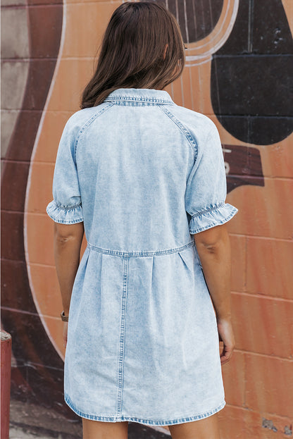 Beau Blue Mineral Wash Ruffled Short Sleeve Buttoned Denim Dress - PrizQ