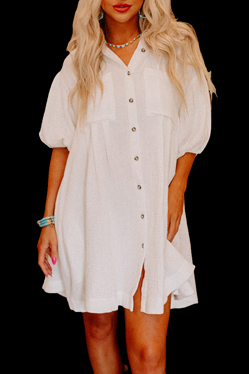 Witte mini-jurk met knoopsluiting en halve pofmouwen - PrizQ