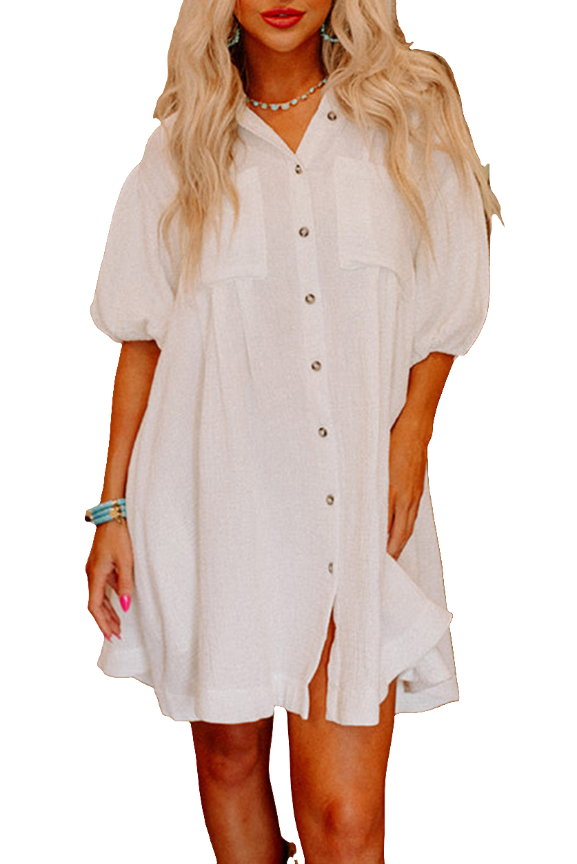 Witte mini-jurk met knoopsluiting en halve pofmouwen - PrizQ