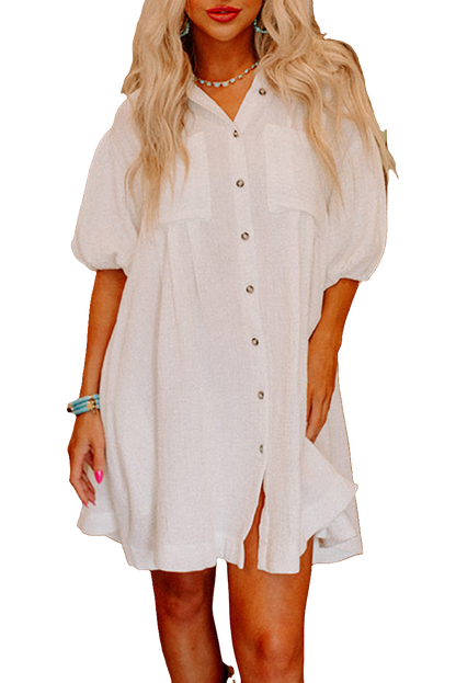 Witte mini-jurk met knoopsluiting en halve pofmouwen - PrizQ