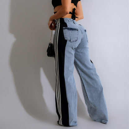 Modieuze Casual Hoge Taille Elastische Broek met Patchwork en Wijde Pijpen in Denim Streetwear Stijl - PrizQ