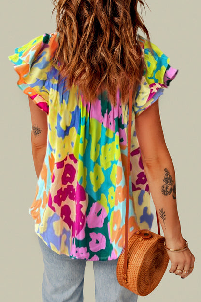 Multicolor Luipaard V-hals Kreukelblouse - PrizQ