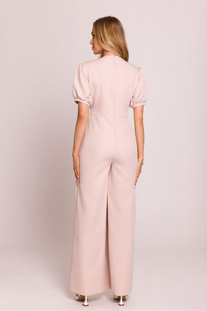 Étoile Poise – Vrouwelijke jumpsuit met diepe V-hals, pofmouwen en uitlopende broekspijpen in elegante stijl.