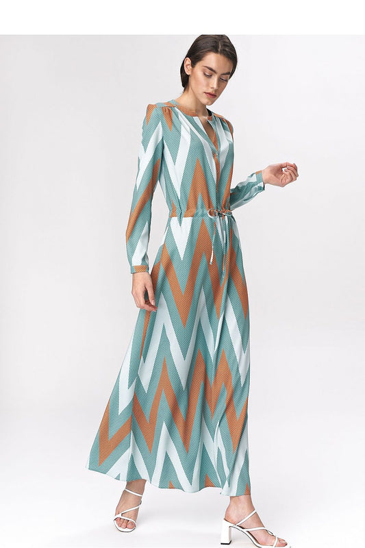 Turquoise maxi-jurk met zigzagprint in boho-stijl – ZigZag Muse