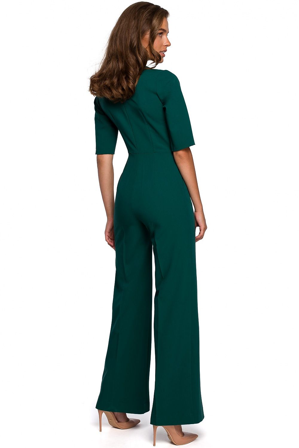 Groene jumpsuit met wijde broekspijpen en V-halsstrik – Stylove Modern Elegance collectie