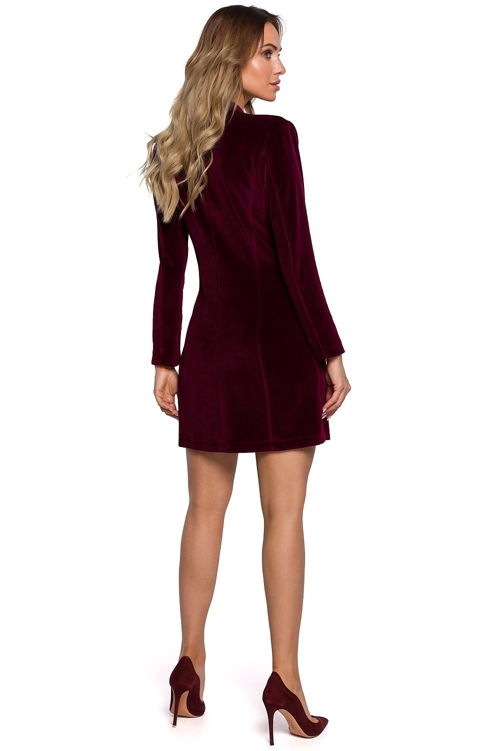 VelourÉclat Tailored Muse jurk in aubergine – jasachtige snit en luxe velours voor werk of feest