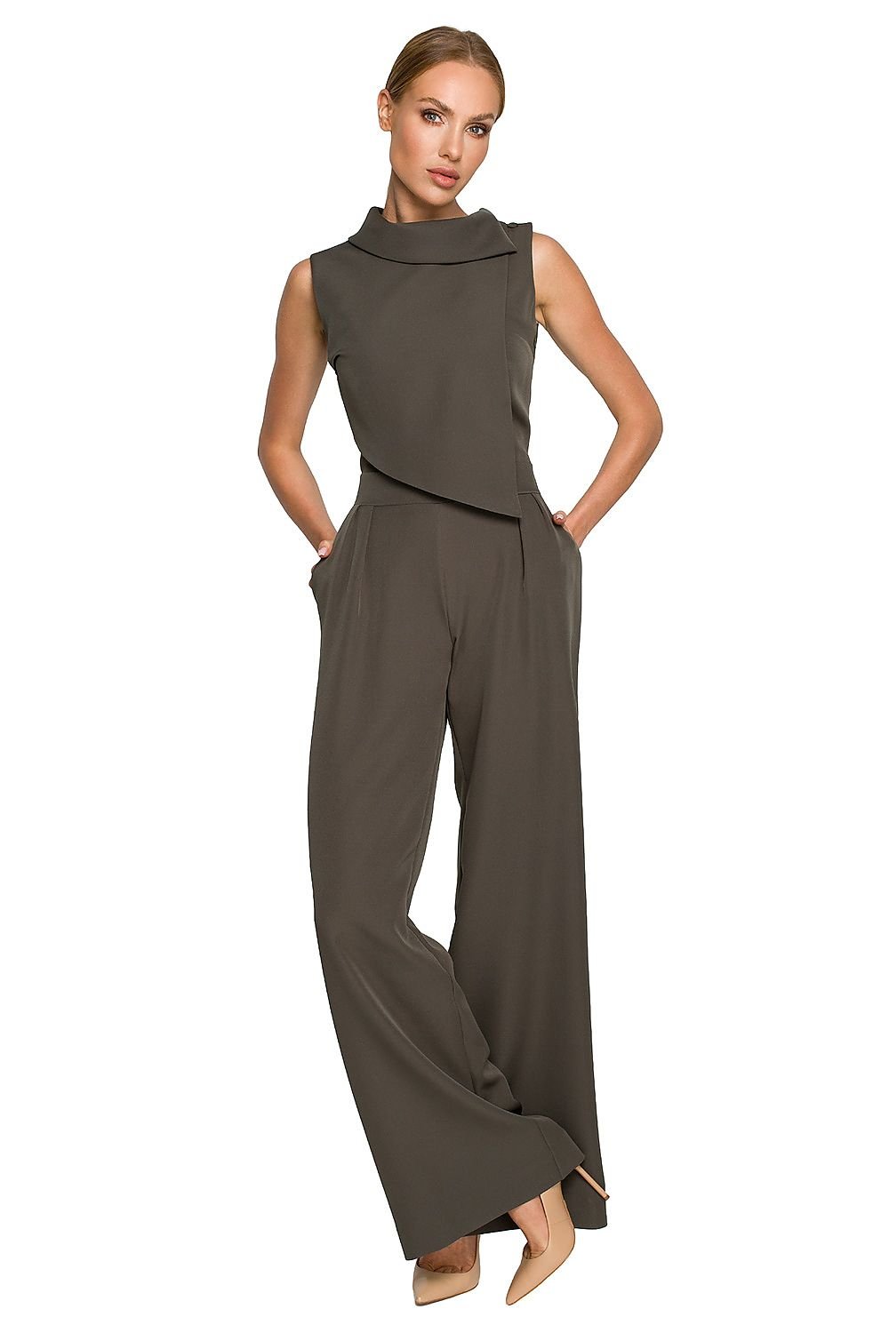 Nocturne Éclaire Jumpsuit – Vespera Edition: groene jumpsuit met wijde broekspijpen en decoratieve schoudersluiting voor avondgelegenheden.