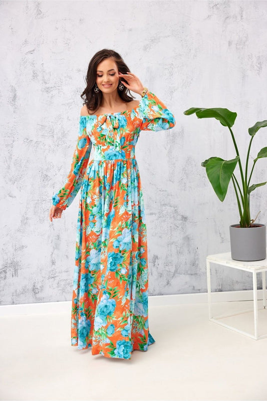 Bella Española Maxi Dress – Elegant Spanish Dress with Open Shoulders and Split | Roco Fashion