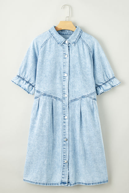 Beau Blue Mineral Wash Ruffled Short Sleeve Buttoned Denim Dress - PrizQ