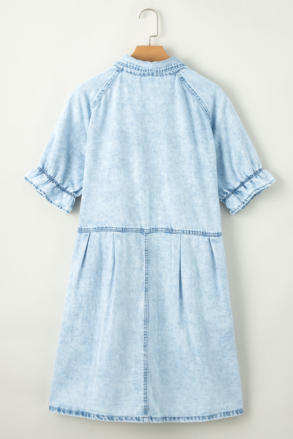 Beau Blue Mineral Wash Ruffled Short Sleeve Buttoned Denim Dress - PrizQ