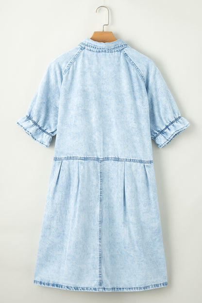 Beau Blue Mineral Wash Ruffled Short Sleeve Buttoned Denim Dress - PrizQ